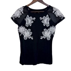 INC International Concepts Black Top with Embroidered White Floral Lace Sleeves